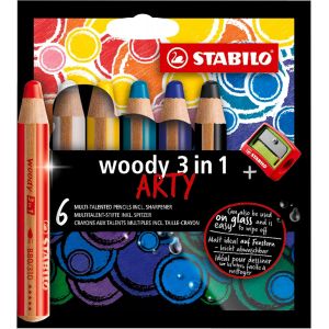 Woody 3in1 Arty - Crayon De Couleur - &Eacute;tui Carton X 6 Crayons De Coloriage + 1 Taille Crayon - Gamme Arty - Neuf