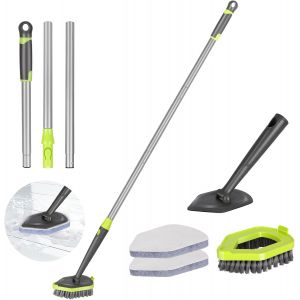 Brosse de netto2 en 1 avec manche de 118 cm de long,brosse à récurer avec 3 têtes de brosse interchangeables,brosse de douche pour salle de bain,cuisine,sol,verre,carrelage - Neuf