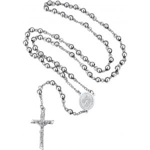 Kales-Collier Chapelet Catholique En Acier Inoxydable Pour Femme Homme,Chaîne De Rosaire 66cm Avec Médaille De Vierge Marie Et Pendentif Crucifix,Cadeau Bijou Pour Communion Et Baptême - Neuf