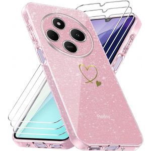 Kal-Coque Compatible Avec Xiaomi Redmi 14c/ Poco C75 / Redmi A4 5g, 3 Pièces Protection Écran En Verre Trempé, Housse Souple Et Anti-Rayures, Étui Anti Empreintes Et Paillettes - Rose - Neuf