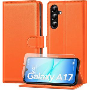 ELVORIX-Coque pour Samsung Galaxy A17 avec Verre Tremp&eacute;, &eacute;tui Cuir PU Magn&eacute;tique [ Pochette de Portefeuille ], Housse de Fonction Stand Video Porte Carte Credit &agrave; Rabat pour Samsung A17 -Orange - Neuf