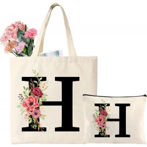 Sjzg-Sac Fourre-Tout En Toile Avec Initiale, Sac Cadeau Personnalis&eacute; Avec Trousse De Maquillage Florale, Adapt&eacute; Pour Mariage, Anniversaire, Plage, Vacances, Excellent Cadeau Pour Femme, Maman - Neuf