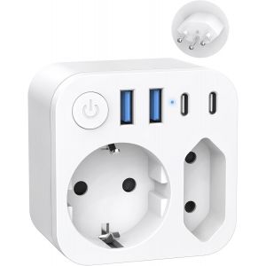 Adaptateur de Voyage Allemagne-Suisse avec 4 USB (2 Type C), Prise de Voyage Suisse &agrave; 2 Compartiments, Prise Schuko EU &agrave; Type J, Blanc - Neuf