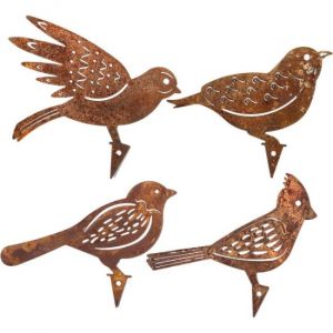 Quatre petits oiseaux rouillés en métal pour clôtures, décoration extérieure et intérieure, sculptures, silhouettes en fonte, arbre, jardin, art mural - Neuf