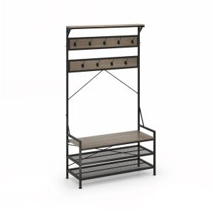 Porte-manteau 4 en 1 avec banc &agrave; chaussures 102 x 40 x 184 cm grande capacit&eacute; de rangement design &eacute;l&eacute;gant en m&eacute;tal gris Helloshop26 20_0017552 - Neuf