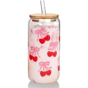 Kalanka-Tasse En Verre Avec Couvercle Et Pailles - Motif Cerise - 17,6 Oz - Tasse &Agrave; Caf&eacute; Glac&eacute; Avec Couvercle - Joli Bol En Verre - Cadeau D'anniversaire Pour Femme - Neuf