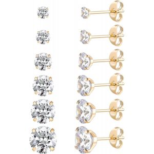 Tianyi-Lot De 6 Paires De Clous D'oreilles En Acier Inoxydable Chirurgical Avec Vis Arrière Plaqué Or 18 Carats En Forme De Coeur, Étoile, Carré, Coupe Princesse, Rondes, Zircons Cubiques Blancs, Pour - Neuf