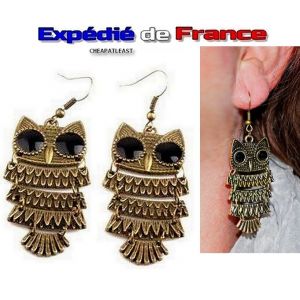 Boucles D'oreilles Boh&egrave;me Pendantes Hippie Chic - Hibou / Chouette - Boho R&eacute;tro Vintage M&eacute;tal Aspect Bronze Cuivr&eacute; - Neuf