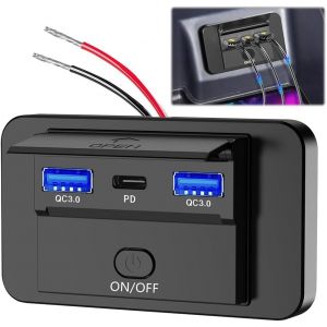 THEF-Prise USB 12V, Prise de Chargeur de Voiture, Dual QC3.0 USB and PD3.0 Type C Prise Voiture pour Voiture vec Interrupteur Étanch, Chargeur USB Voiture pour 12V/ 24V Voitures Bateaux, RV, Bus, Mot - Neuf