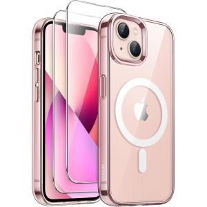 TRAHOO-3 en 1 Coque Magn&eacute;tique pour iPhone 13 6,1 Pouces avec Lot de 2 Films de Protection D'&eacute;cran en Verre Tremp&eacute;, Compatible avec MagSafe, &Eacute;tui Housse de T&eacute;l&eacute;phone Antichoc (Rose) - Neuf