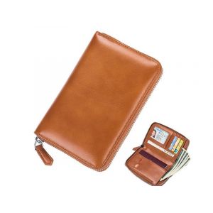 Portefeuille de voyage en cuir v&eacute;ritable avec fermeture &eacute;clair pour cartes, passeports et argent liquide - Marron - Neuf