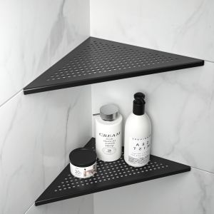 Étagère d'angle de douche en acier inoxydable 304 sans perçage pour salle de bain - Trou carré - 253 x 253 x 355 mm - Noir - Neuf