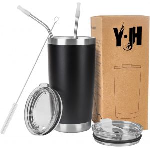 Eryi-20oz (550ml) Gobelet De Voyage Tasse À Café À Paroi Double Isolée Sous Vide Acier Inoxydable,Avec 2 Couvercles Anti-Éclaboussures, 2 Pailles Et Brosse De Canalisation, Sans Bpa - Noir - Neuf
