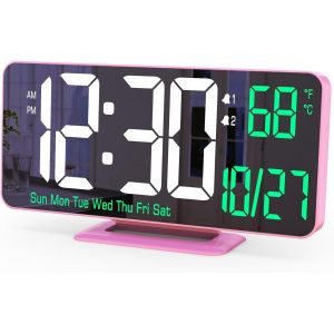 R&eacute;veil pour Chambre &agrave; Coucher, Horloge de Table LED de 6,7 Pouces, Horloge Miroir, Double r&eacute;veil pour Salon avec Affichage des Secondes, Date, Semaine, Mode 12/24 h, Fonction de Gradation - Neuf