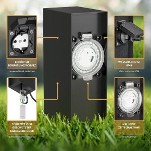 Garten Colonne de Prises de Courant PIWI avec Piquet de Terre pour l'ext&eacute;rieur, IP44, 2X, Acier Inoxydable, Anthracite, carr&eacute;, 30 cm - Neuf