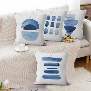 Cauc-Housse De Coussin Bleu 45x45 Set De 4, Boho Abstrait Bleu Marine G&eacute;om&eacute;trique D&eacute;coratif Housses De Coussins Minimaliste Moderne Art Esth&eacute;tique Housse De Coussin En Lin Pour Canap&eacute; Home Decor - Neuf