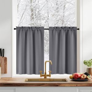 Kalanka-Rideaux Occultant Cuisine Court - Rideau Brise-Bise Opaque Anti Lumiere/Uv, Passe Tringle, D&eacute;coration De Petit Fen&ecirc;tre Placard Salle De Bain, L60 X H45cm, 2 Pi&egrave;ces, Gris - Neuf