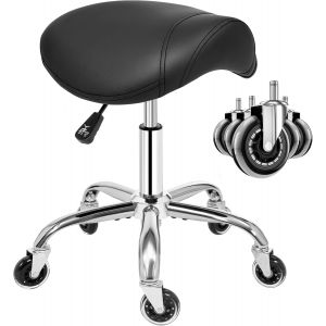 SUBZONAL-Tabouret &agrave; roulettes pivotant &agrave; 360&deg; roulettes R&eacute;glable en Hauteur Tabouret Selle de Cheval Ergonomique Cuir &eacute;pais Assise Large pour Salons de Beaut&eacute;, Salon, Massage, Clinique Noir WSS001B - Neuf