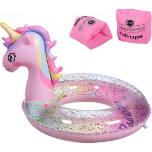 Bou&eacute;e Licorne Pour Enfants, Flotteur De Piscine Gonflable Avec Paillettes, Anneau De Natation Avec 1 Paires Brassards De Natation Gonflables, Pour Bou&eacute;e D'&eacute;t&eacute; Eau Jouet - Neuf