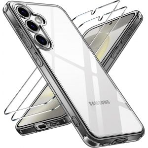 JGD-Anti-Jaunissement HD Clair Coque pour Samsung Galaxy S24 5G avec 2 Pi&egrave;ces Verre Tremp&eacute;, [Protection Militaire] Transparente &Eacute;tui de Protection Antichoc Mince Bumper Housse (Gris) - Neuf