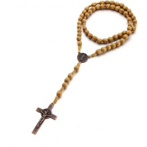 Collier Chapelet Croix Catholique, Perles De Pri&egrave;re En Bois Naturel Avec Croix M&eacute;daille J&eacute;sus Christ Saint Beno&icirc;t, Pour Chr&eacute;tiens Catholiques Communion Religieuse, Bapt&ecirc;me, Messe, Bible - Neuf