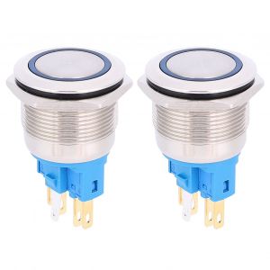 Lot de 2 interrupteurs a bouton-poussoir autobloquants a anneau de 22 mm, 12-24 V CC, IP65, 6 broches, bleu - Neuf