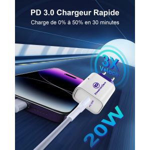 Chargeur USB C Rapide iPhone 20W - 2 Pack PD 3.0 Type C Mural Adaptateur Secteur Compatible avec iPhone 14/14 Plus/14 Pro/14 Pro Max/13/13 Pro/13 Pro Max/13 Mini/12/11, iPad, Pixel - Neuf