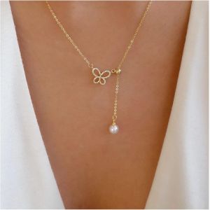 Kal-Collier Perle Bohème Collier Papillon Collier Ras Du Cou En Cristal Collier Pendentif Papillon Creux En Cz Collier Pendentif Papillon En Strass Collier Perle En Goutte Bijoux Pour Femmes Et - Neuf
