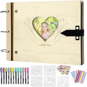MAA-Album Photo Scrapbooking en Bois Avec 12 Stylos MéTalliques 60 Pages pour Mémoire Livre d'or de Mariage, Anniversaire de Mariage, Cadeaux de St Valentin - Neuf