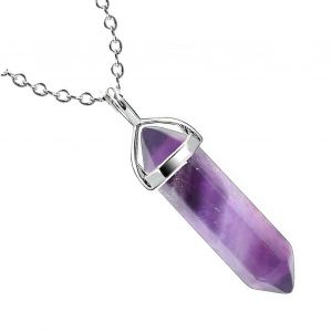 Chaine De Pull Avec Pendentif En Cristal Artificiel, Prisme Hexagonal En Acier Titane Et Pierre Violette - Neuf