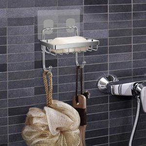 Porte-savon et éponge avec crochets pour douche, salle de bain, cuisine, adhésif, fixation murale, acier inoxydable, antirouille, sans perçage ¿ Lot de 2 - Neuf