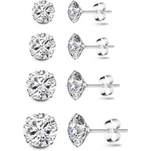 4 Paires Clous D'oreilles En Argent Fin 925 Avec Zircones Cubiques Boucles D'oreilles Femmes Filles Hommes Puces D'oreilles Rondes Hypoallerg&eacute;niques Cartilage Huggies Set, Diam&egrave;tre 3/4/5/6mm - Neuf