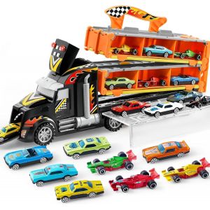 KAJGL-Transporter Truck Jouets Pour Enfant 3,4,5,6 Ans Garçons,12 Véhicules Jouets En Métal Moulé Sous Pression Avec 2 Lanceurs,Voiture Course Rue Pliable Avec Lumières Et Sons Comme Cadeau - Neuf