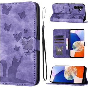 Kal-Housse Protection Pour Samsung Galaxy A14 6.6 Pouces Matériau En Cuir Pu Coque Samsung A14 Avec Fentes Pour Cartes Étui Motif Papillon Chat Violet - Neuf