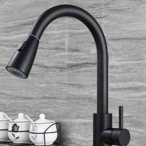 Robinet de cuisine avec douchette extractible, robinet d'&eacute;vier de cuisine monotrou &agrave; bec haut en acier inoxydable noir mat - Neuf