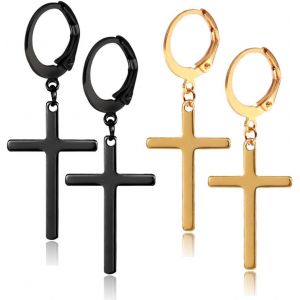 Kal-Boucle D'oreille Homme, Boucles D'oreilles Femme Acier Inoxydable, Acier Inoxydable Clou D'oreille Boucle D'oreille Clou D'oreille Noir Doré Ronde Croix Pendentif Rétro Homme Femme, 2 Paires - Neuf
