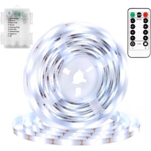Trahoo-Bande Led Autocollante &Agrave; Piles - 2 M - Avec T&eacute;l&eacute;commande Et Minuterie - Pour Tv, Chambre &Agrave; Coucher, Maison, F&ecirc;te - Blanc - Neuf