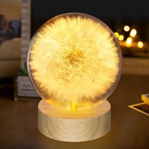 Veilleuse Boule De Cristal Pissenlit - 7 Cm - Avec Base En Bois - Décoration D'intérieur Avec Alimentation Usb - Cadeau Pour Hommes, Femmes, Enfants, Garçons, Filles, Adolescents (Pissenlit) - Neuf