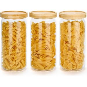Bocal En Verre Avec Couvercle-3pcs 1000ml Bocaux Verre Rangement Cuisine-Pot En Verre Avec Couvercle En Bambou Cannelé-Empilage Stable-Bocal En Verre Hermétique - Neuf