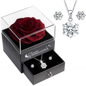 Rose Eternelle Avec Bijoux Argent 925, Coffret Cadeau Femme, Collier Et Boucles D'oreilles,Cadeau Anniversaire Femme,Vraie Rose Pr&eacute;serv&eacute;e Avec Collier, Cadeau Fete Des Meres,Coffret Cadeau Maman - Neuf