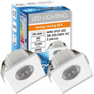 MINI SPOT LED 3W,Dimmable,300lumen,Blanc Chaud 3000K,Spot carré encastrable,220V/240V CA,Driver NON NÉCESSAIRE,2 Spots - Neuf