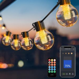 Aiou-Guirlande Lumineuse Extérieure Dimmable 15m,App& Contrôlé Guinguette 25 Led G40 Ampoules Incassable Étanche Ip65,Raccordable Lumières Suspendues Pour Patio Fête Chaude Blanc - Neuf