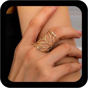 Kahfl-Vintage Bague Creuse Grande Feuille D'or Réglable Anneau Ouvert Minimaliste Feuille Anneaux Doigts Irrégulièrement Géométriques Anneaux De Feuilles Déclaration Bijoux Pour Les Femmes - Neuf