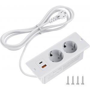 Prise Encastrable Usb-C/Usb-A | Multiprise Avec C&acirc;ble 2M | 2 Prises Blanc Pour Meubles (Montage Encastrable Ou Saillie)[DYB982848] - Neuf