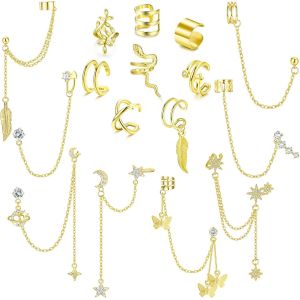 Cmjaagur-16 Pi&egrave;ces Boucles D'oreilles Avec Cha&icirc;ne Helix Cartilage Clip On Wrap Ear Cuff Poignets R&eacute;glables Non P&eacute;n&eacute;trant Boucles D'oreilles R&eacute;glables Ensemble De Manchette D'oreille Pour Fem[M1238] - Neuf