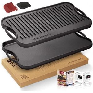 Subzonal-Overmont Po&ecirc;le Grill R&eacute;versible En Fonte Pr&eacute;-Enduite Avec Poign&eacute;es Pour Cuisini&egrave;re &Agrave; Gaz, Four &Agrave; Feu Ouvert, 43,18 X 24,89 Cm &iquest; Un Plateau, Grattoirs Inclus - Neuf