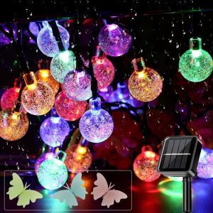 KAL-Guirlandes Lumineuses Solaires Boule De Cristal Extérieure Étanche 11 M / 60 Led 8 Modes Guirlandes Lumineuses Solaires Extérieures Pour Jardin, Patio, Balcon, Fêtes (Coloré) - Neuf