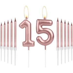 Bougies Décoratives Pour 15e Anniversaire De Fille,Bougie En Forme De Chiffre 15 Avec Longues Bougies Or Rose,Décoration De Gâteau D'anniversaire Pour Femme,15e Anniversaire De Mariage - Neuf