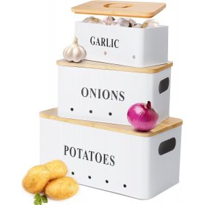 Tianyi-Boite Pomme De Terre, Lot De 3 Rangement Pomme De Terre, Oignons Et Ail Avec Couvercle En Bambou | Pots Et Bocaux De Conservation Rectangulaires Empilables (Blanc) - Neuf
