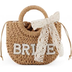Senior-Femmes Mariée Paille Sac À Bandoulière Tissé À La Main Bandoulière Strass Lettre Patches Sac À Main Lune De Miel Mariage Bridal Shower Cadeau[L559] - Neuf